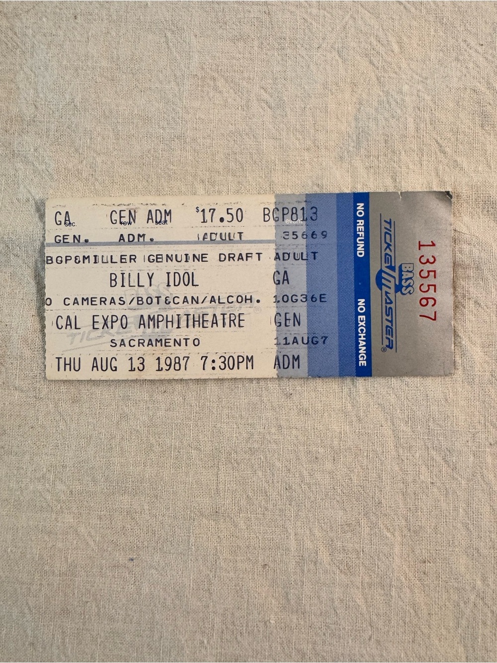 Vintage 1987 Billy Idol Sacramento Concert Memorabilia Stub Cal Expo 80s